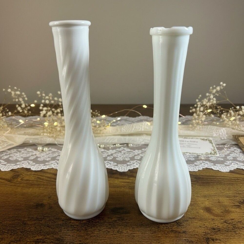Hoosier Swirl White Milk Glass Vase 10” & CLG Ribbed Vase 9.75” Vintage Set of 2